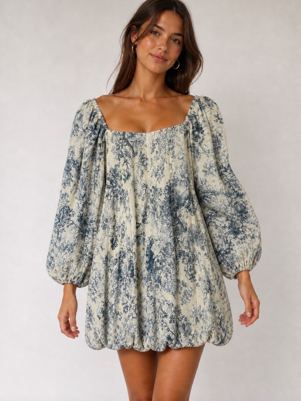 NWT H.A.H Ha Huong Blue Toile Puff Sleeve Puff Hem Mini Dress M